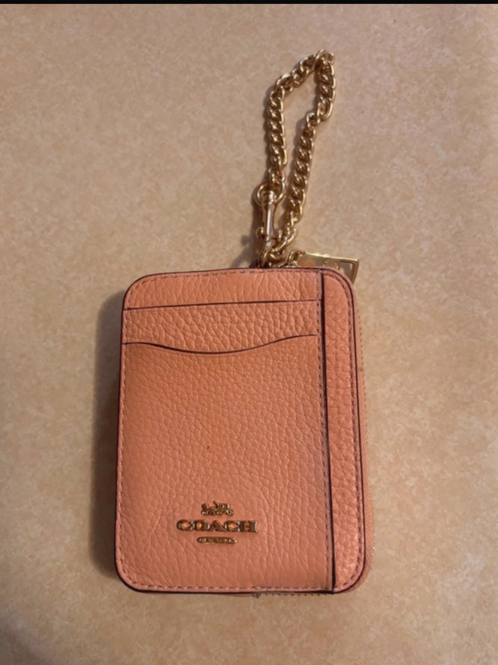 Coach Pebbled Leather Card Holder with Gold Chain - Peach